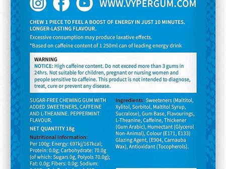 Vyper Caffeine Gum Peppermint 1 Packet of 6 Pieces | Caffeine Chewing Gum with L-Theanine | Sugar-Free | Vegan | Gluten Free Online now