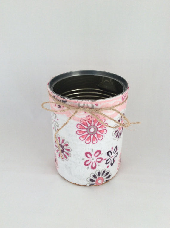 Desk Organizer, Tin Cans Hand Wrapped in Decorative Fabric and Twine For Cheap