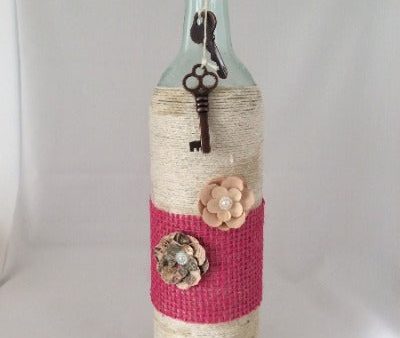 Wine Bottle Vase, Shabby Chic, Paper Flowers and Skeleton keys, Handwrapped with Twine Sale