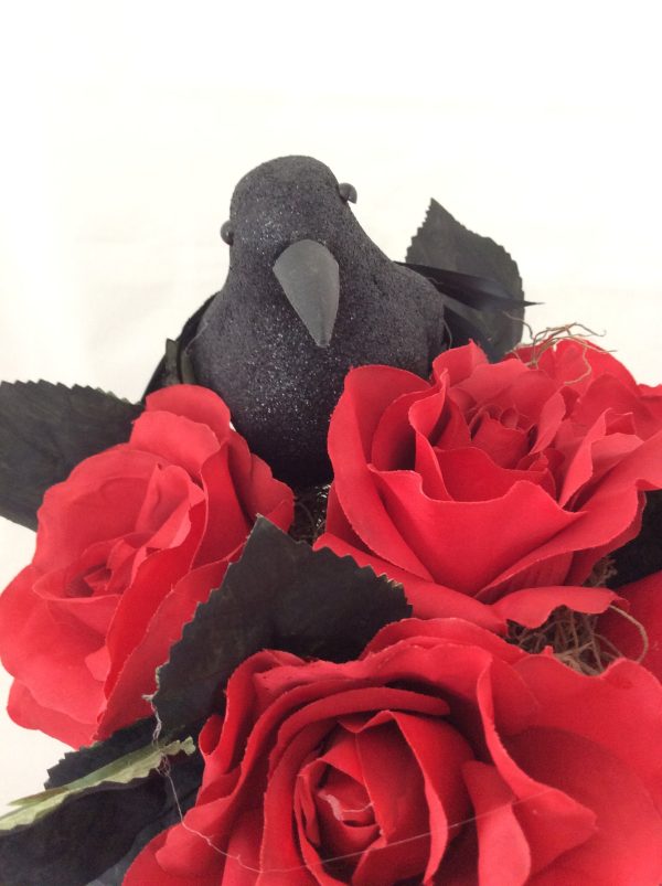 Clay Pot with Red Roses, Tabletop Decoration, Halloween Party Decoration, Black Crow on Roses For Discount