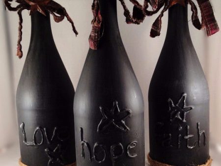 Wine Bottle Vase, Primitive Decor Vase, Hand Crafted Words Faith, Hope & Love, Distressed Finish For Cheap