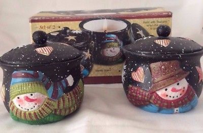 Susan Winget Crock Candles, Set of 2, Hand Painted, Christmas Snowman Hot on Sale