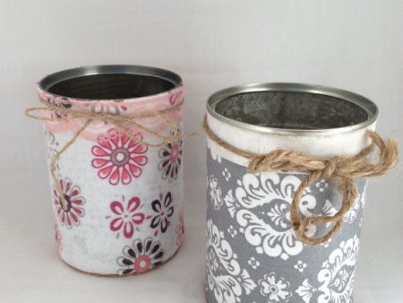 Desk Organizer, Tin Cans Hand Wrapped in Decorative Fabric and Twine For Cheap